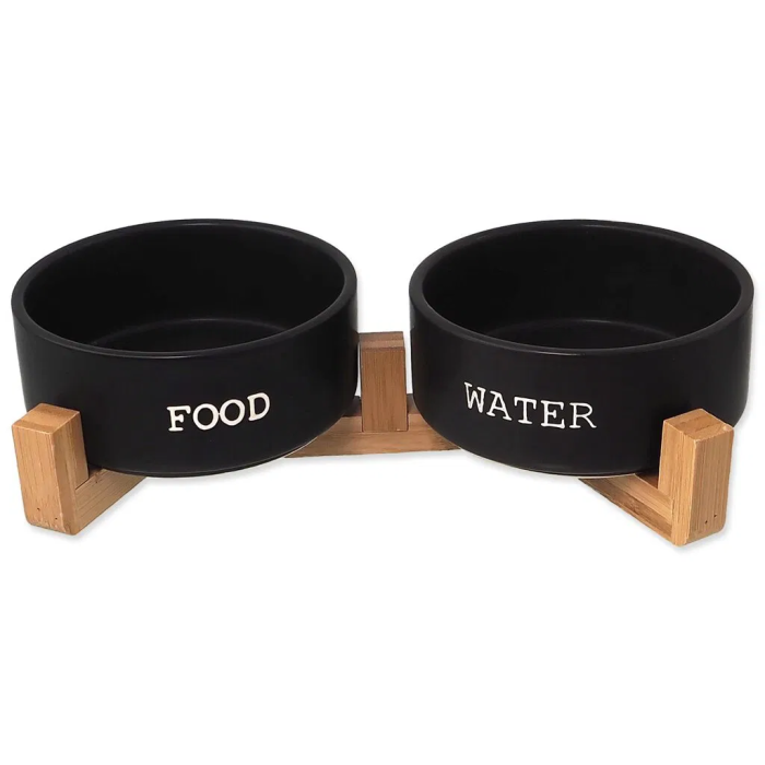 Set Ciotole ceramica Nera con base in Bamboo S