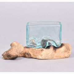 Vaso di Vetro fuso su legno naturale 10x10cm